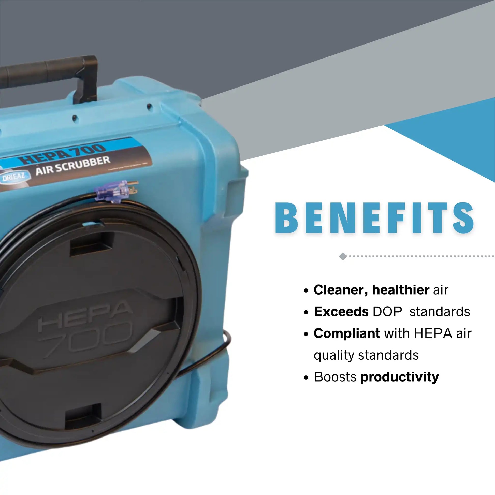 Dri-Eaz HEPA 700 air scrubber with benefits list highlighting clean air, HEPA compliance, and boosted productivity

