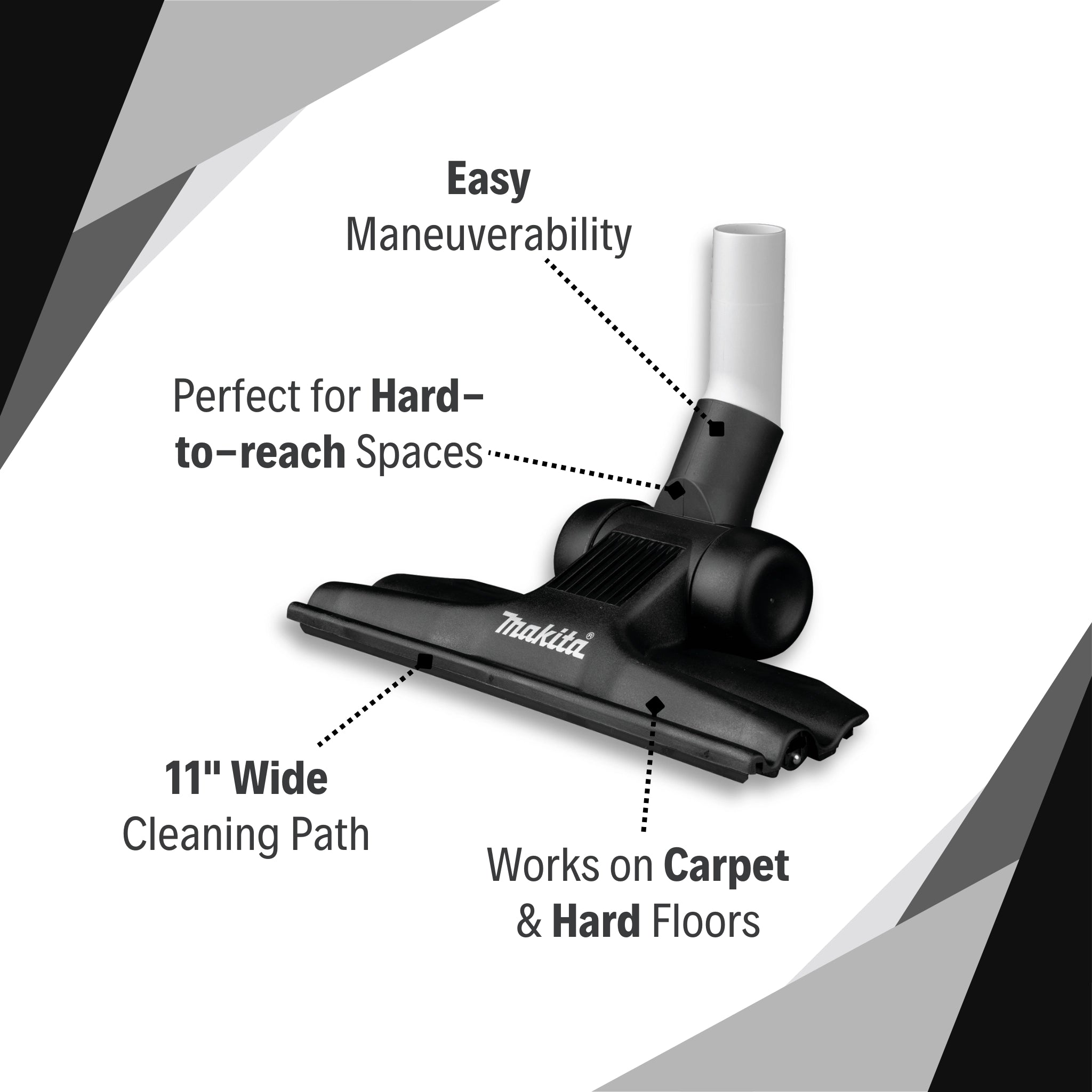 Makita 11" Universal Floor Nozzle highlighting key features and dual-surface compatibility
