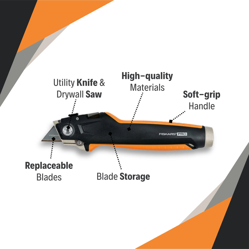 Fiskars Drywaller’s Knife/Saw showing utility blade and saw features side by side
