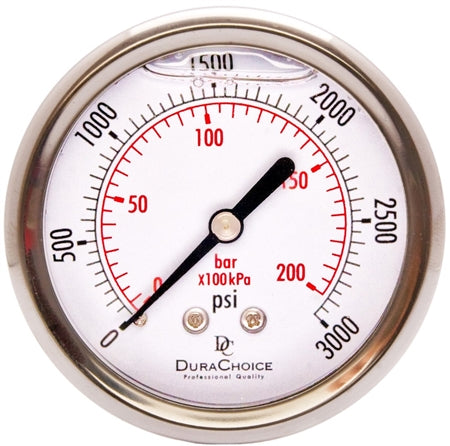 DuraChoice PB254B-K03 2-1/2" Oil Filled Pressure Gauges, 1/4" NPT, Center Back Mount Connection, Stainless Steel Case, Brass 0- 3,000PSI