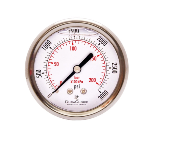 DuraChoice PB254B-K03 2-1/2" Oil Filled Pressure Gauges, 1/4" NPT, Center Back Mount Connection, Stainless Steel Case, Brass 0- 3,000PSI