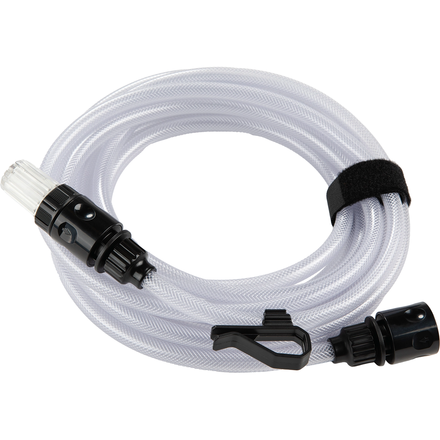 White hose with black connectors on a white background