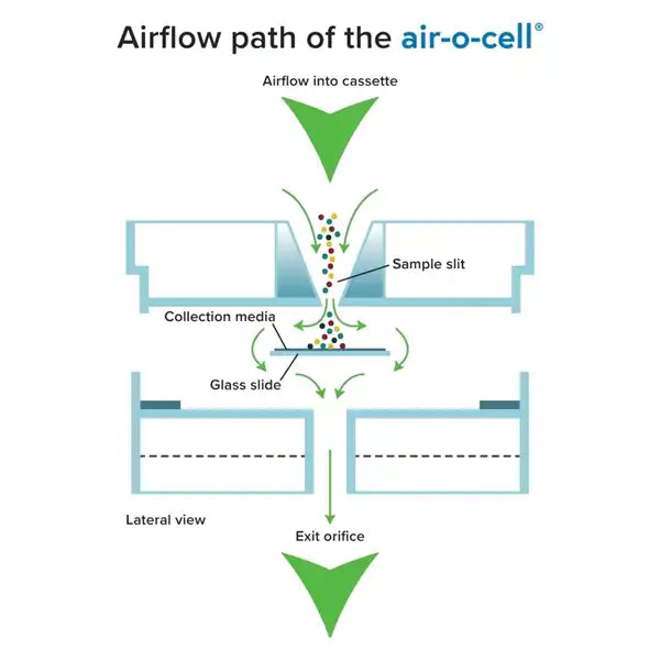 diagram showing airflow path and particle capture inside air-o-cell cassette
