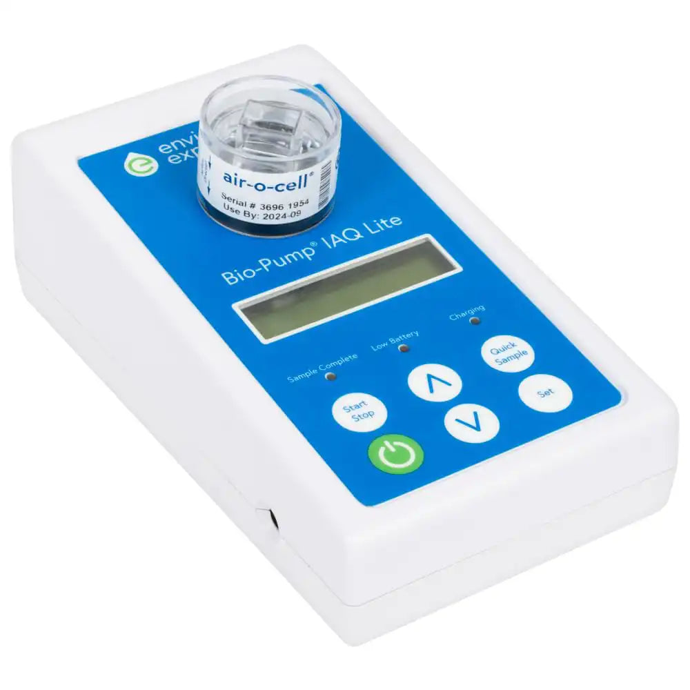 close-up of air-o-cell spore trap device with sealed intake and outlet ports
