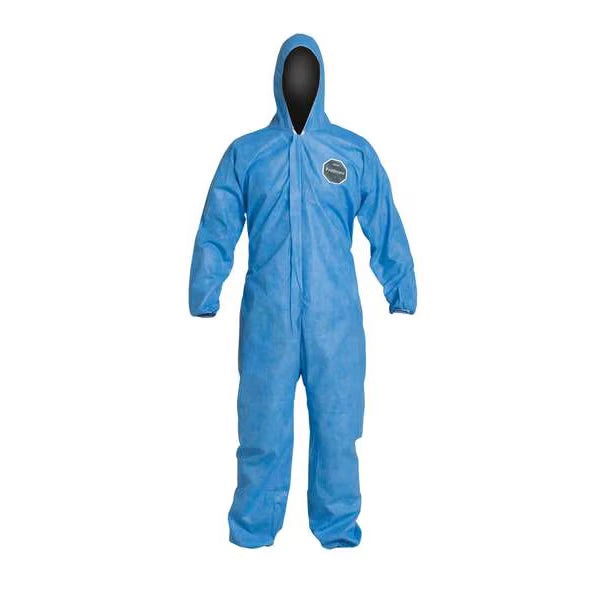 Alternative front view of ViroGuard blue coveralls for PPE demonstration
