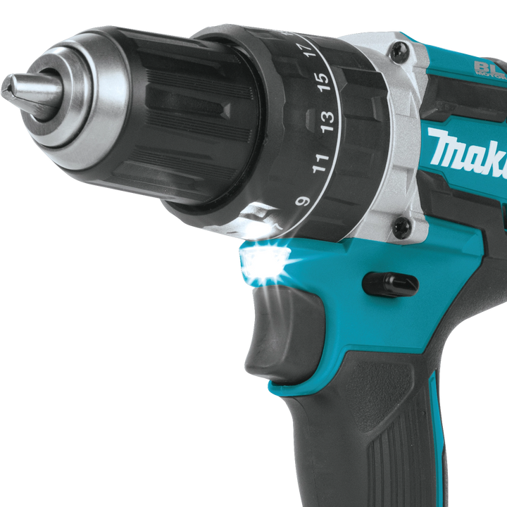 angled front view of makita xt269m impact driver and hammer drill combo
