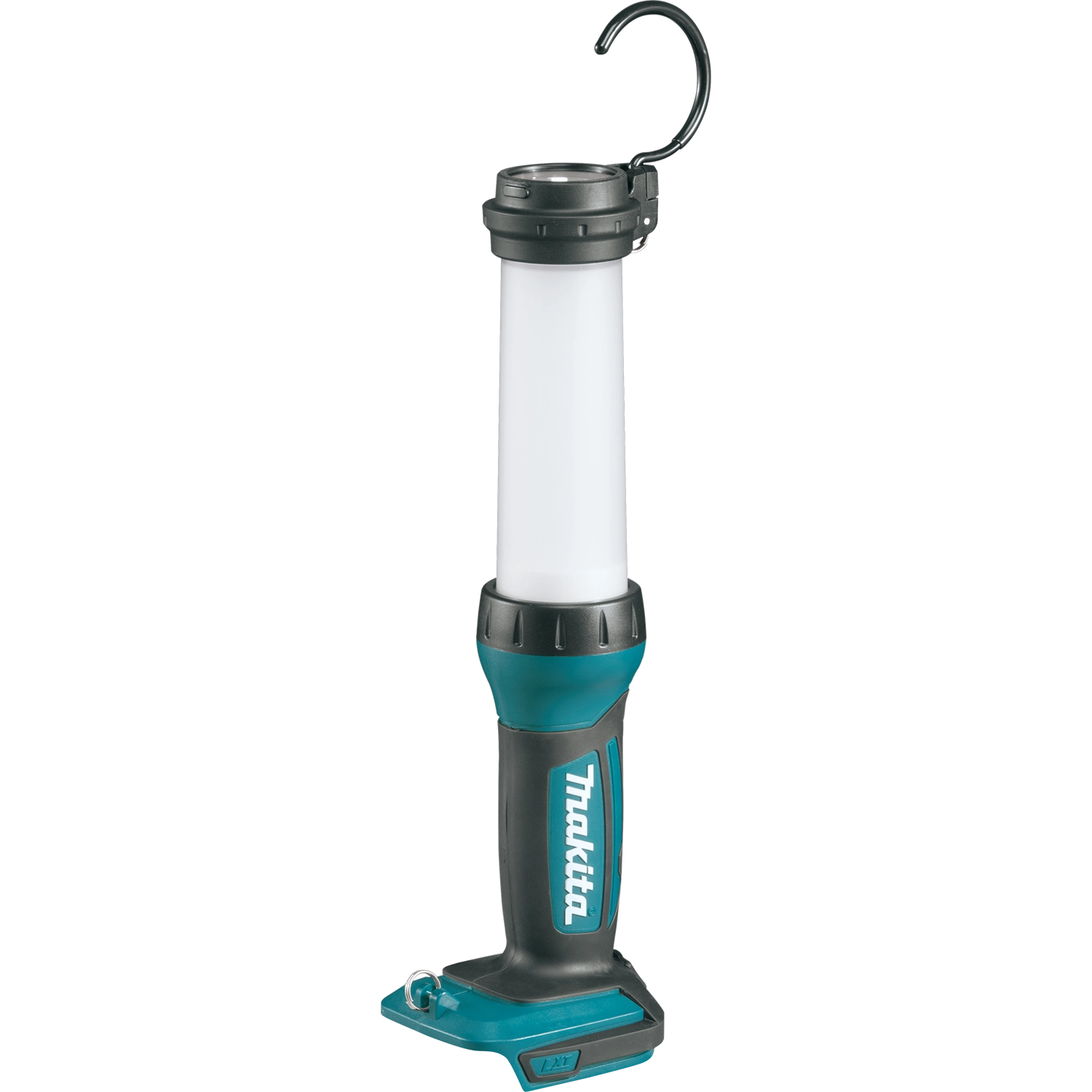 angled view showing makita flashlight with swivel hook positioned upward

