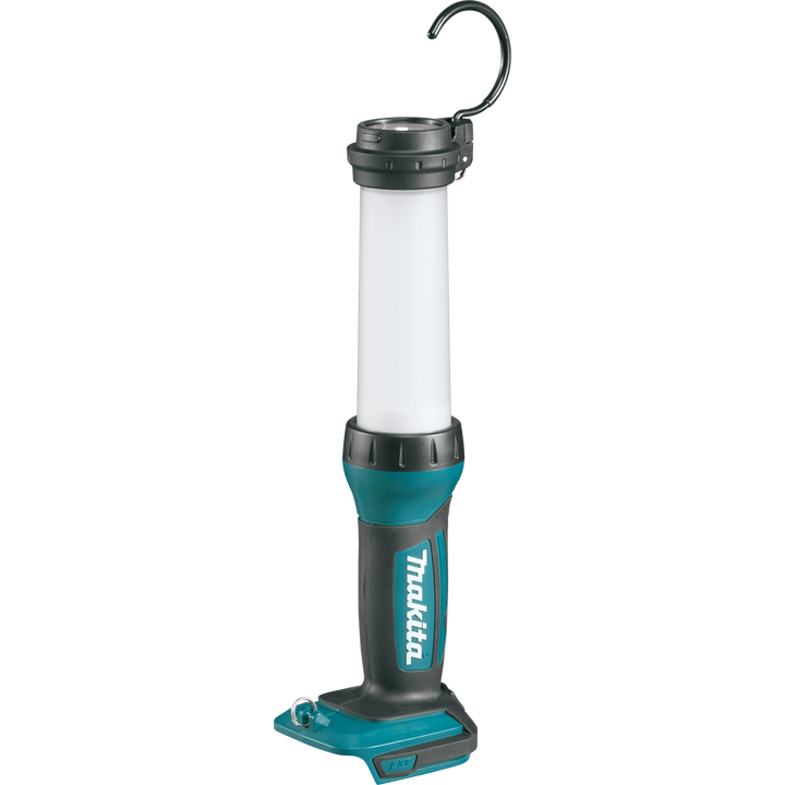angled view showing makita flashlight with swivel hook positioned upward
