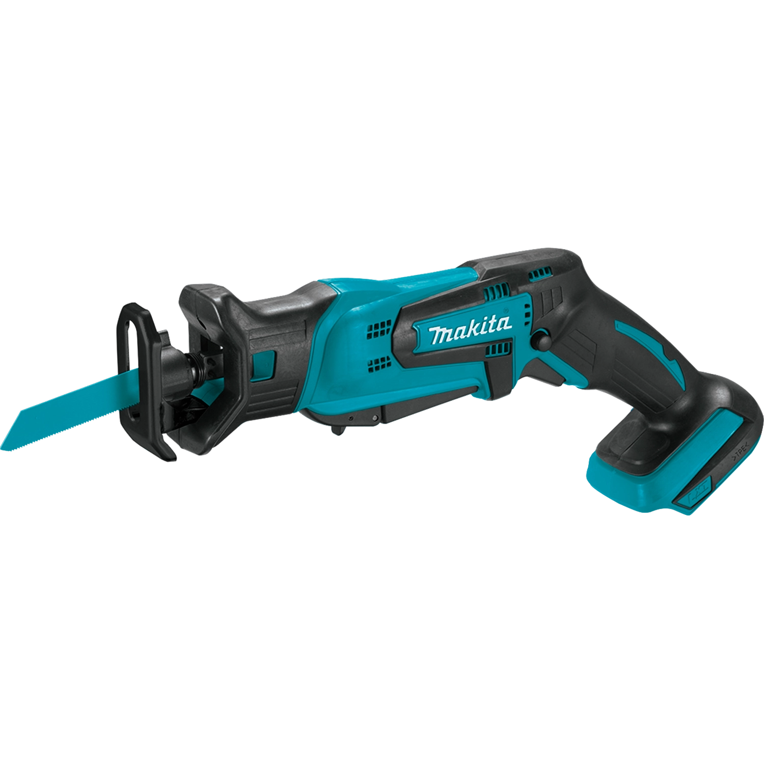 angled view of makita compact recipro saw highlighting ergonomic handle and compact body
