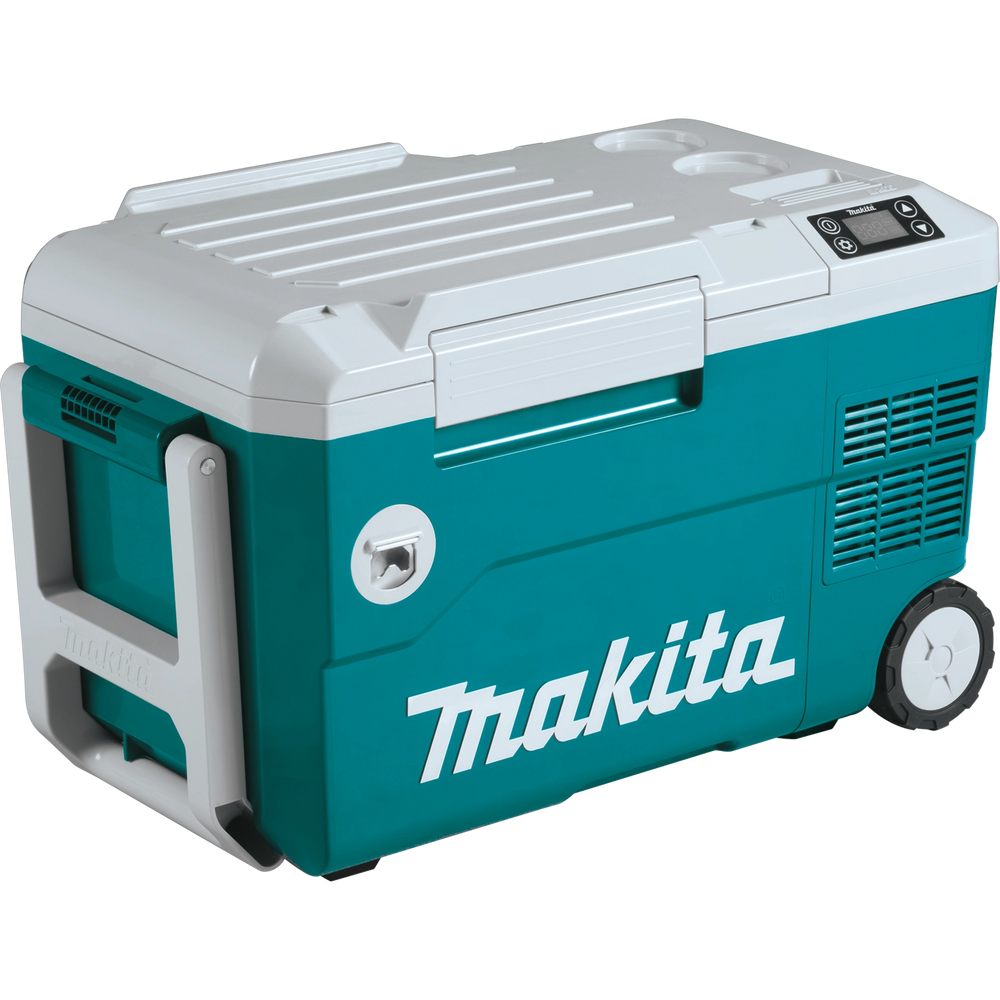 angled view of makita cooler warmer box showing telescoping handle and rugged build
