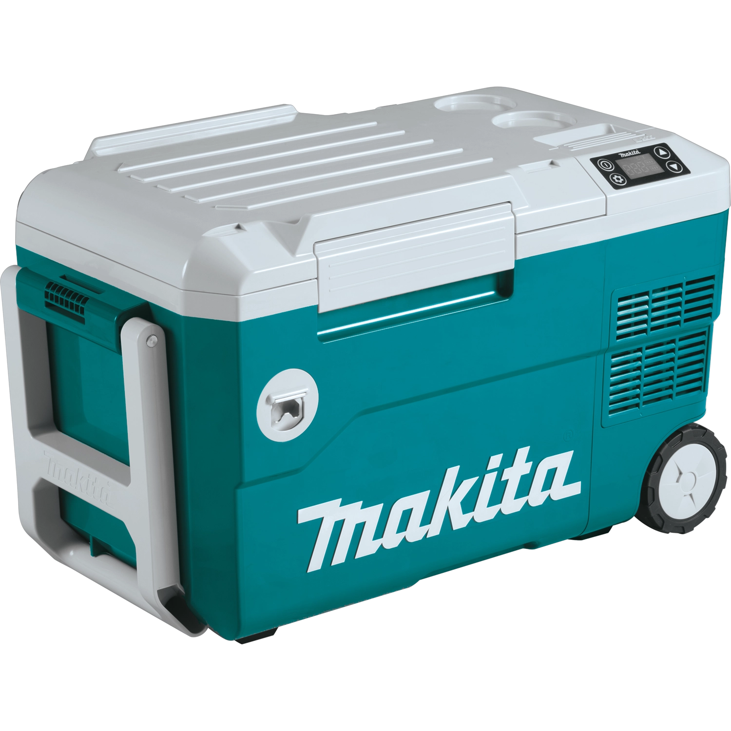 angled view of makita cooler warmer box showing telescoping handle and rugged build
