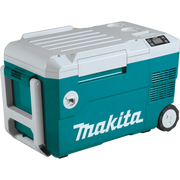 angled view of makita cooler warmer box showing telescoping handle and rugged build
