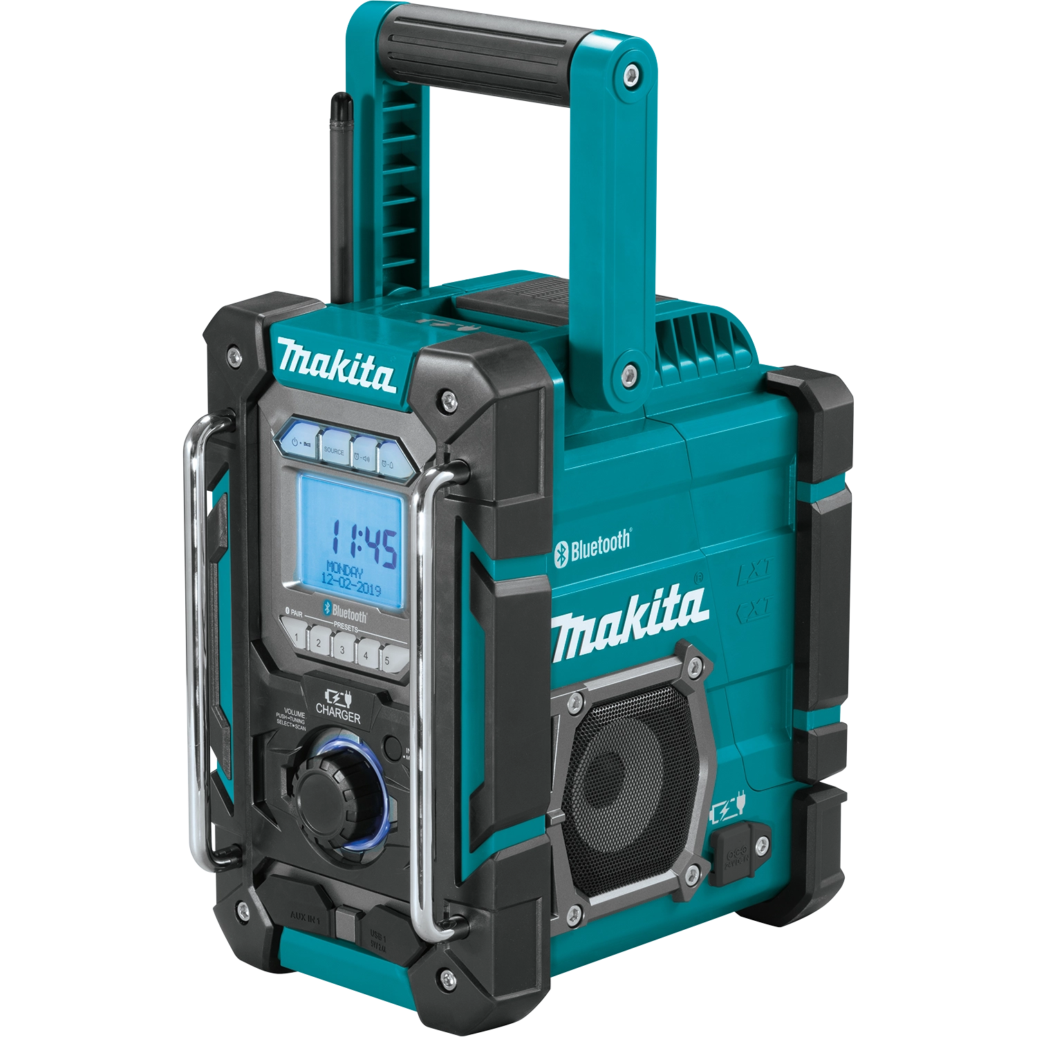 angled view of makita 18v lxt radio charger showing rugged design and controls
