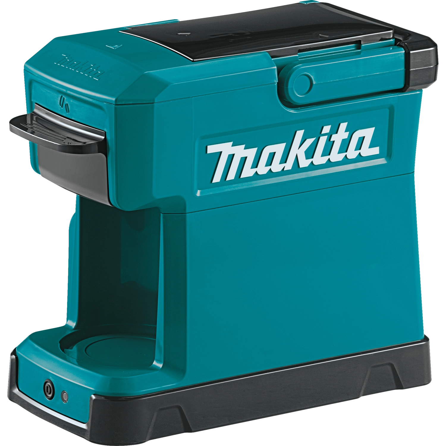 angled view of makita coffee maker with lid closed and compact design

