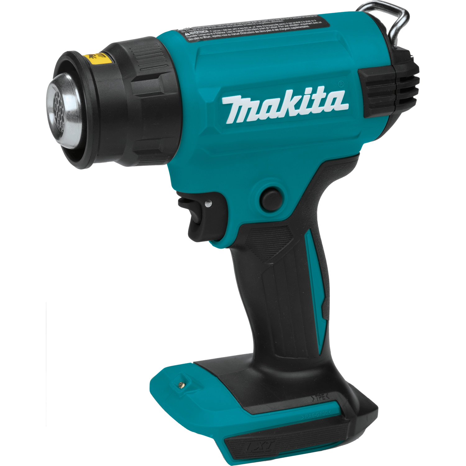 angled view of makita cordless heat gun showing ergonomic grip and compact design
