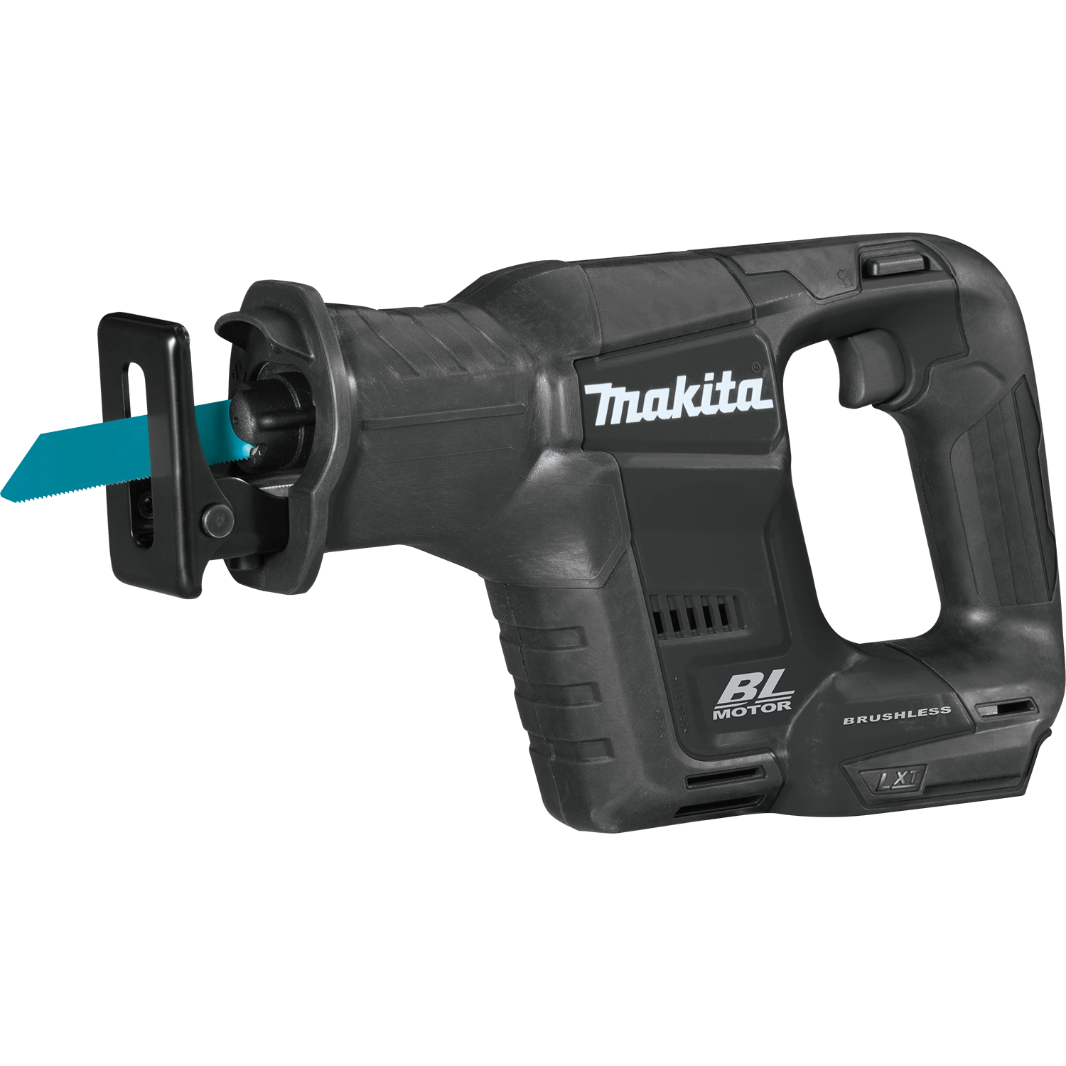 angled view of makita xrj07zb compact recipro saw showing ergonomic handle and short body
