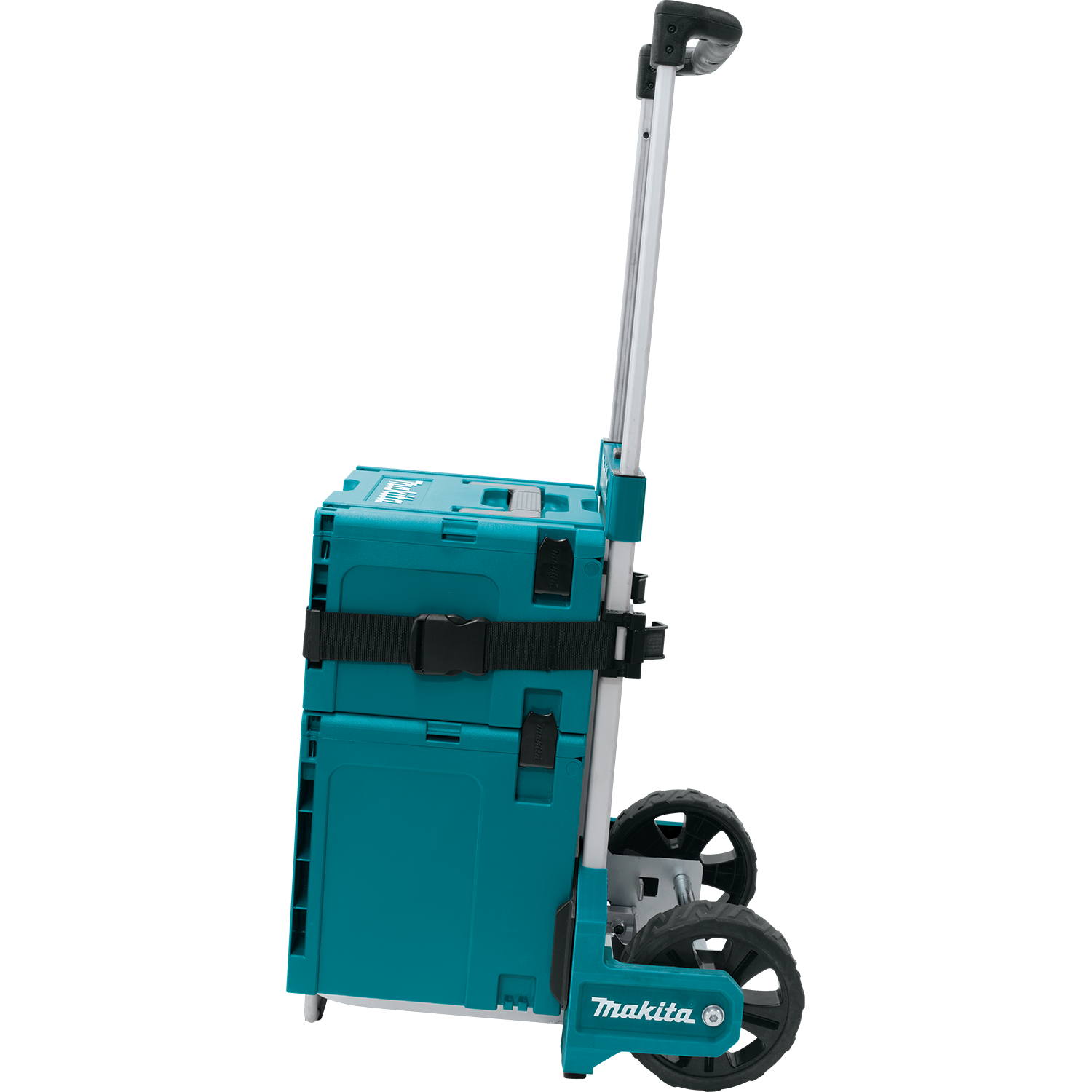 angled side view showing handle and wheels of maktrak trolley

