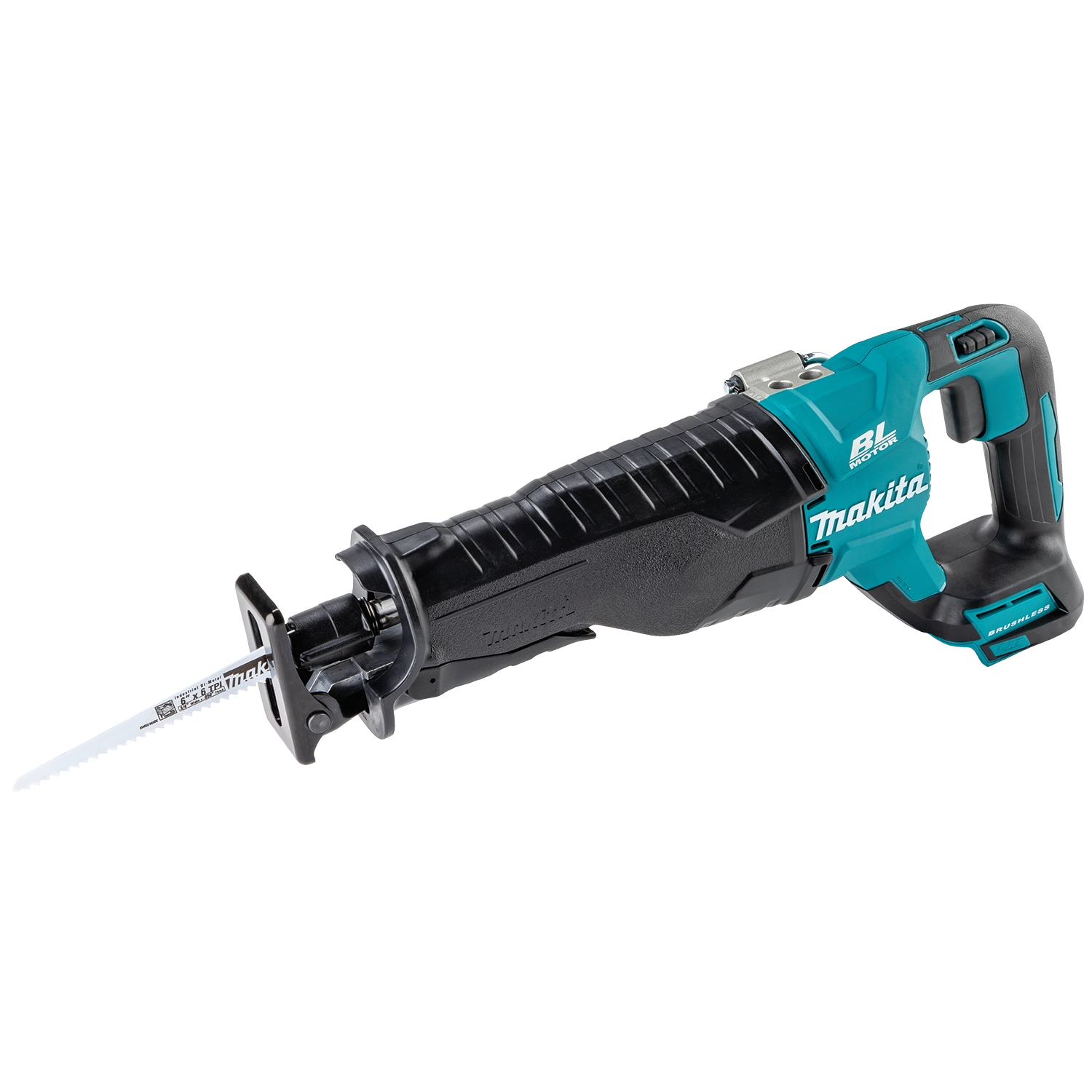 angled view of makita 18v lxt reciprocating saw highlighting compact design
