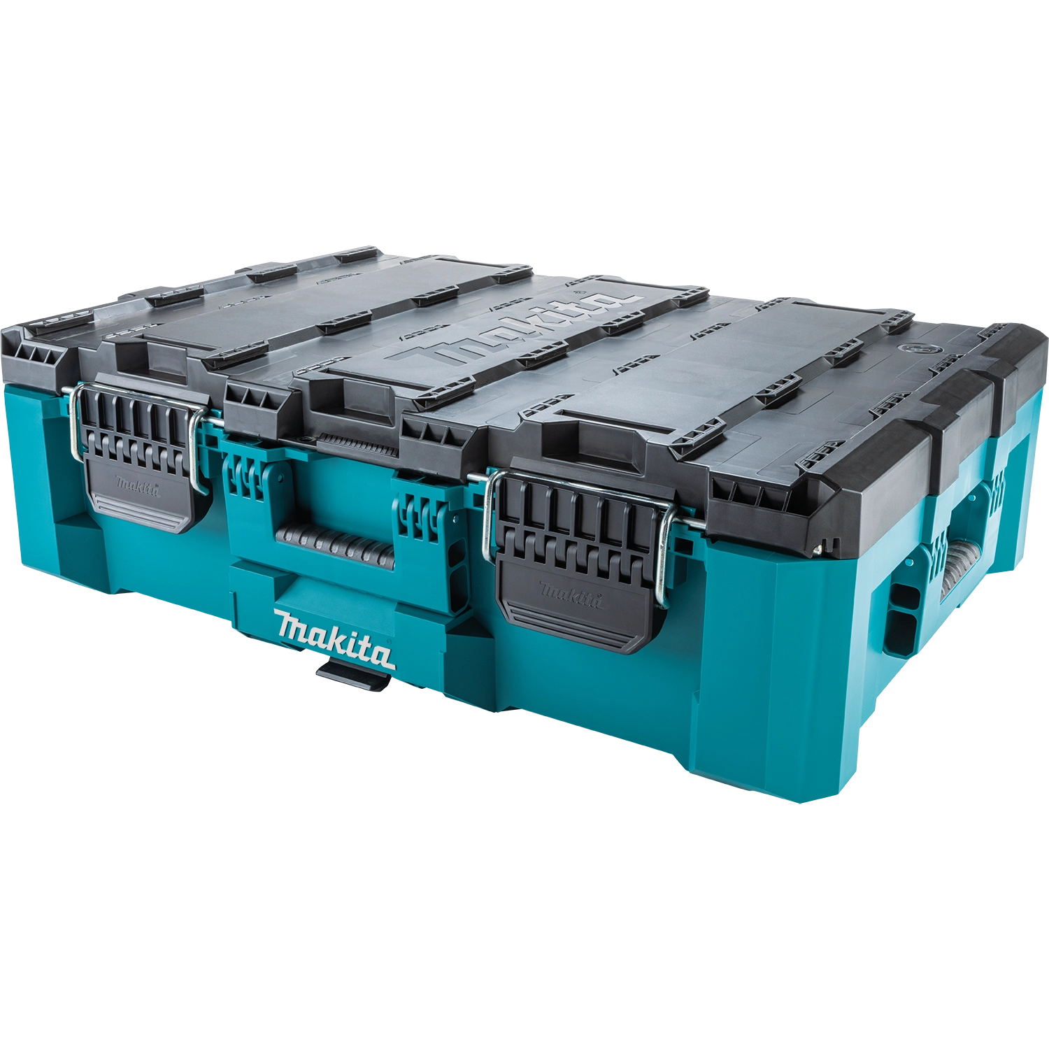 Angled view of MAKTRAK tool box with dual-hinged lid open
