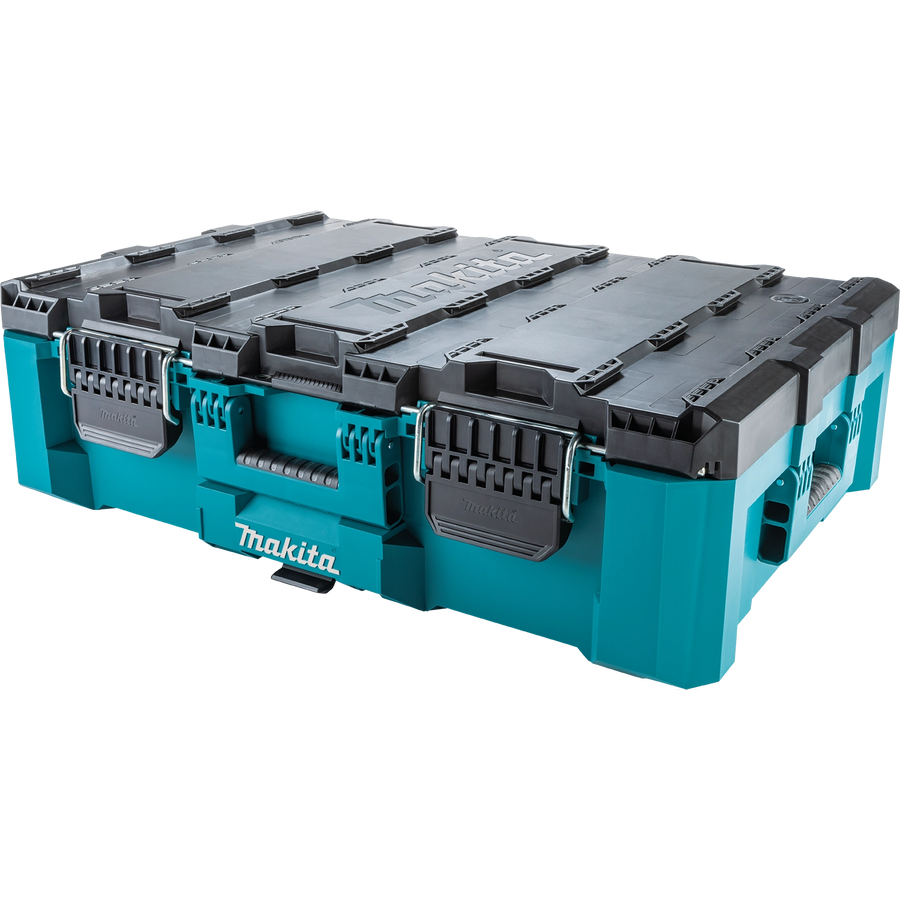 Angled view of MAKTRAK tool box with dual-hinged lid open

