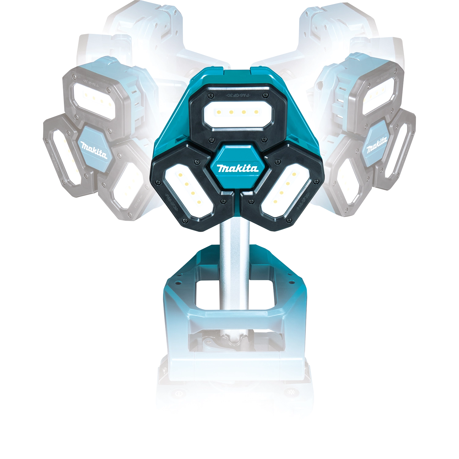 angled view of makita tower work light showing adjustable light head positions
