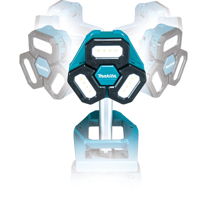 angled view of makita tower work light showing adjustable light head positions
