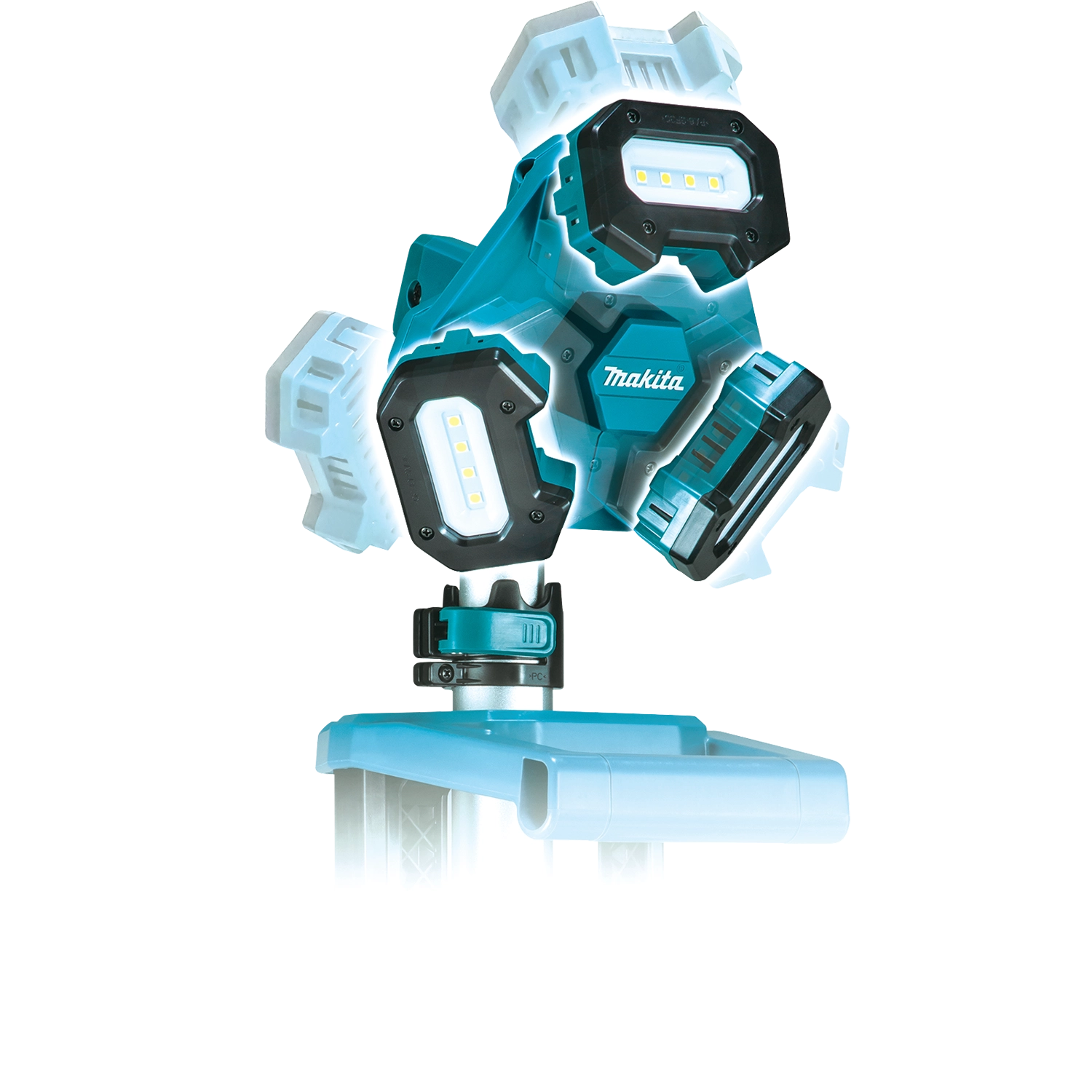 alternate angle showing versatility and multi-directional lighting of makita tower work light
