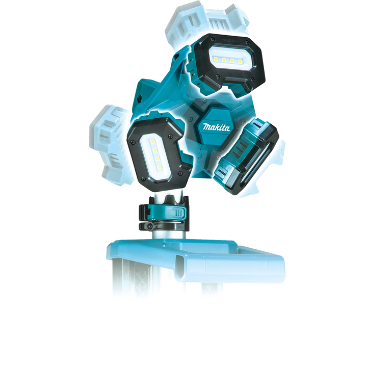alternate angle showing versatility and multi-directional lighting of makita tower work light
