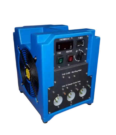 Back of ASD Cube Heater showing control panel, power inlet, and vent layout
