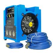 Full view of ASD Cube Heater connected with intake and exhaust tubes on jobsite
