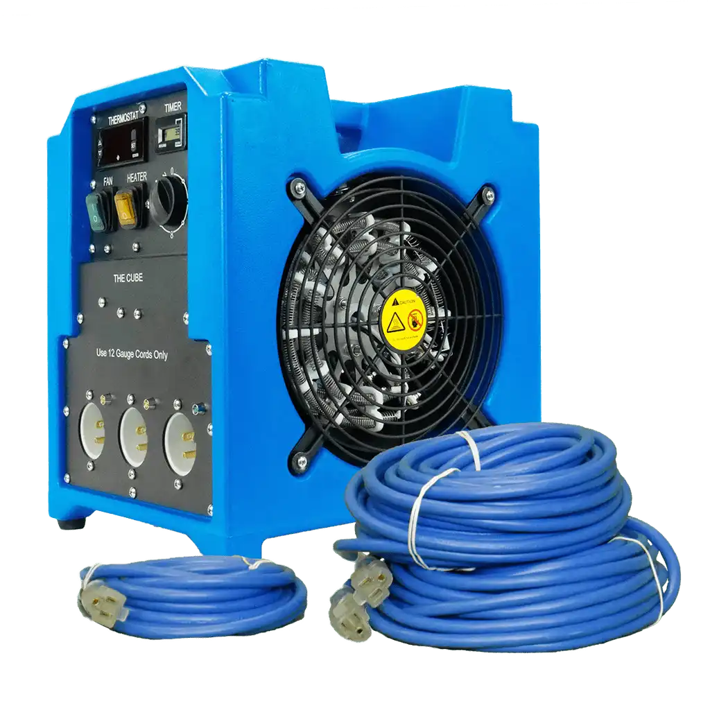 Full view of ASD Cube Heater connected with intake and exhaust tubes on jobsite
