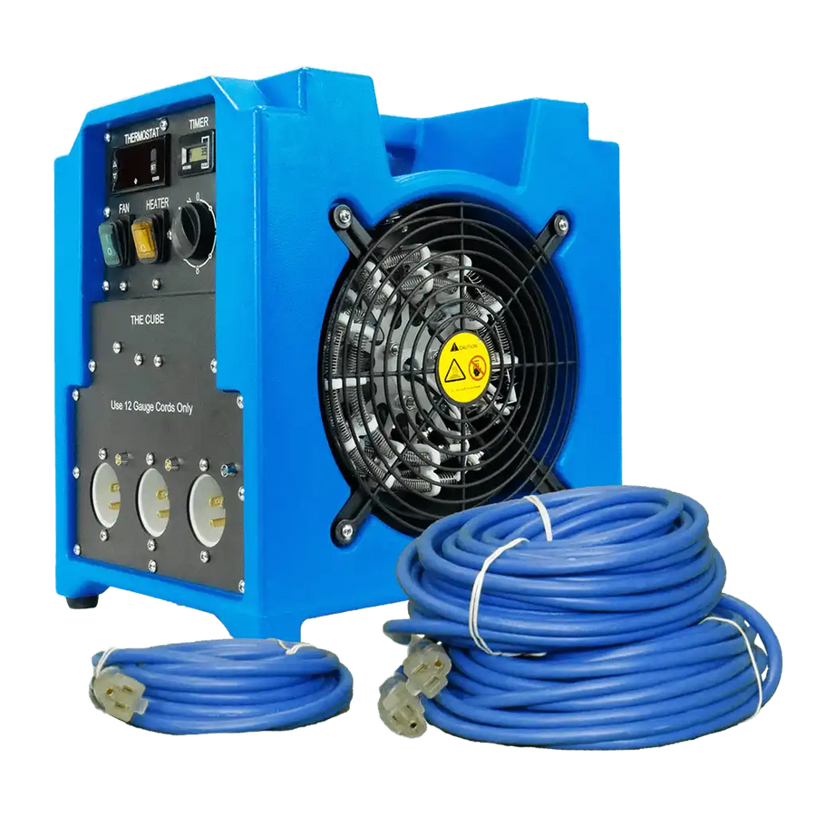 Full view of ASD Cube Heater connected with intake and exhaust tubes on jobsite

