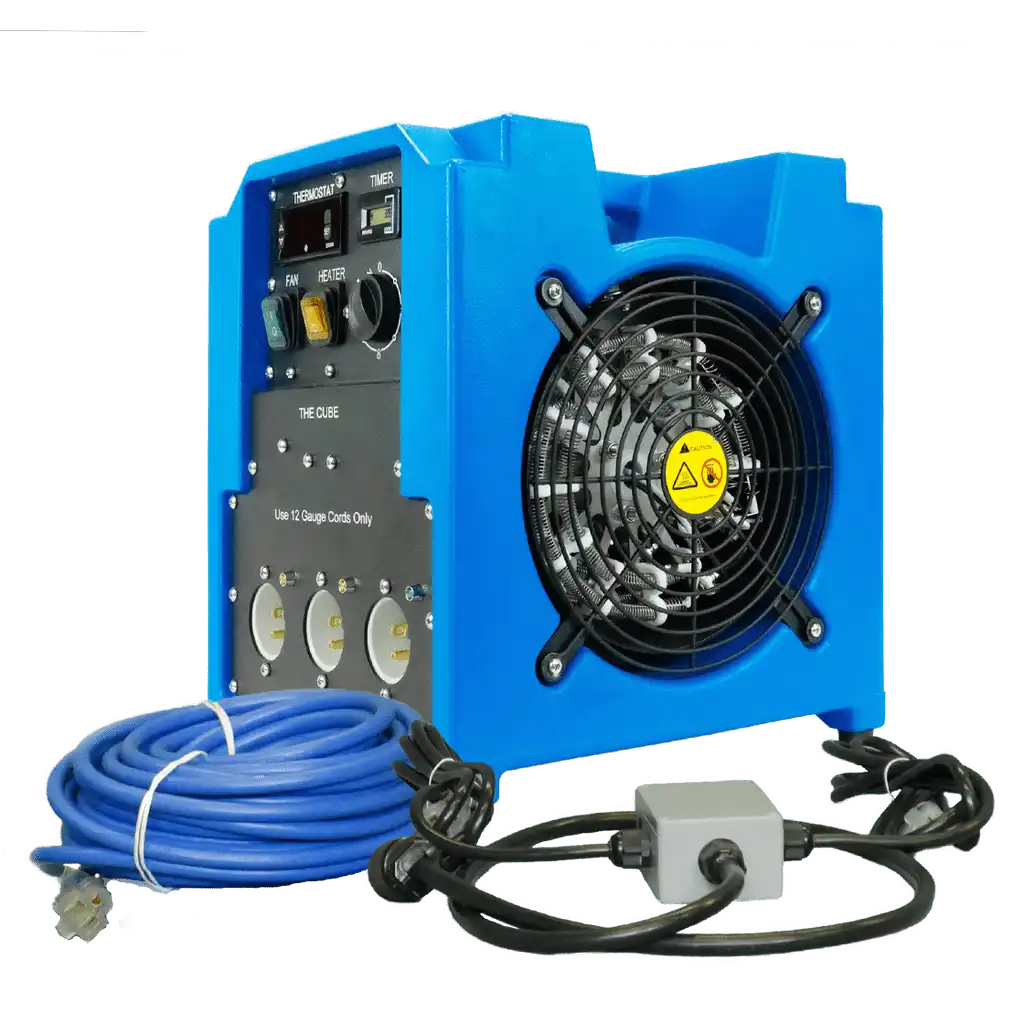 ASD Cube Heater shown with extended hose configuration for advanced drying setups
