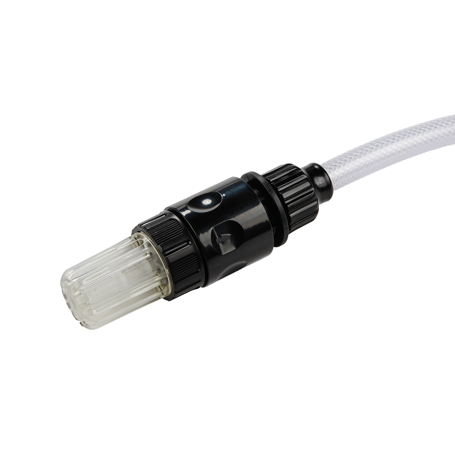 Black and clear hose nozzle on a white background