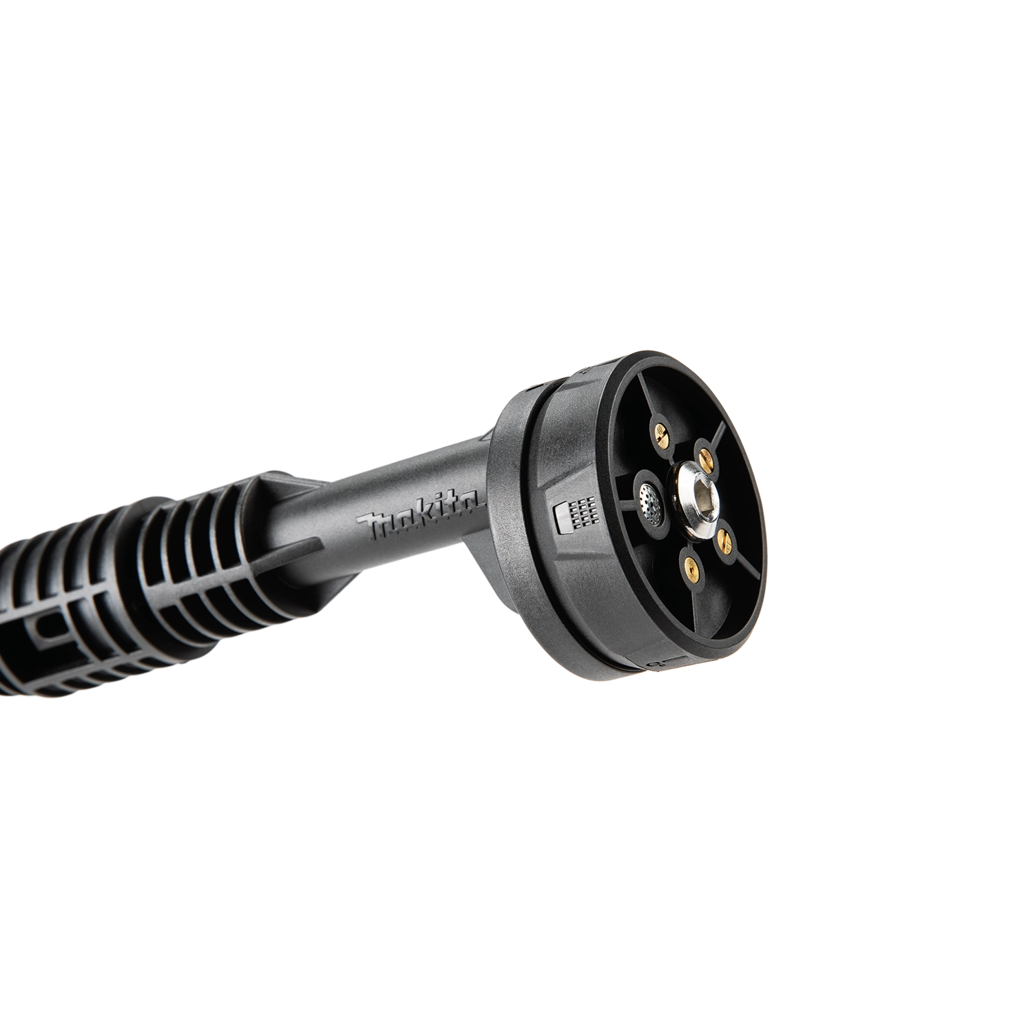 Black electric vehicle charging cable connector on a white background