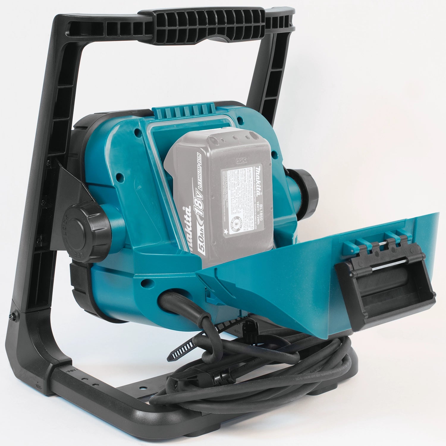 back view of makita 18v lxt led work light with battery inserted
