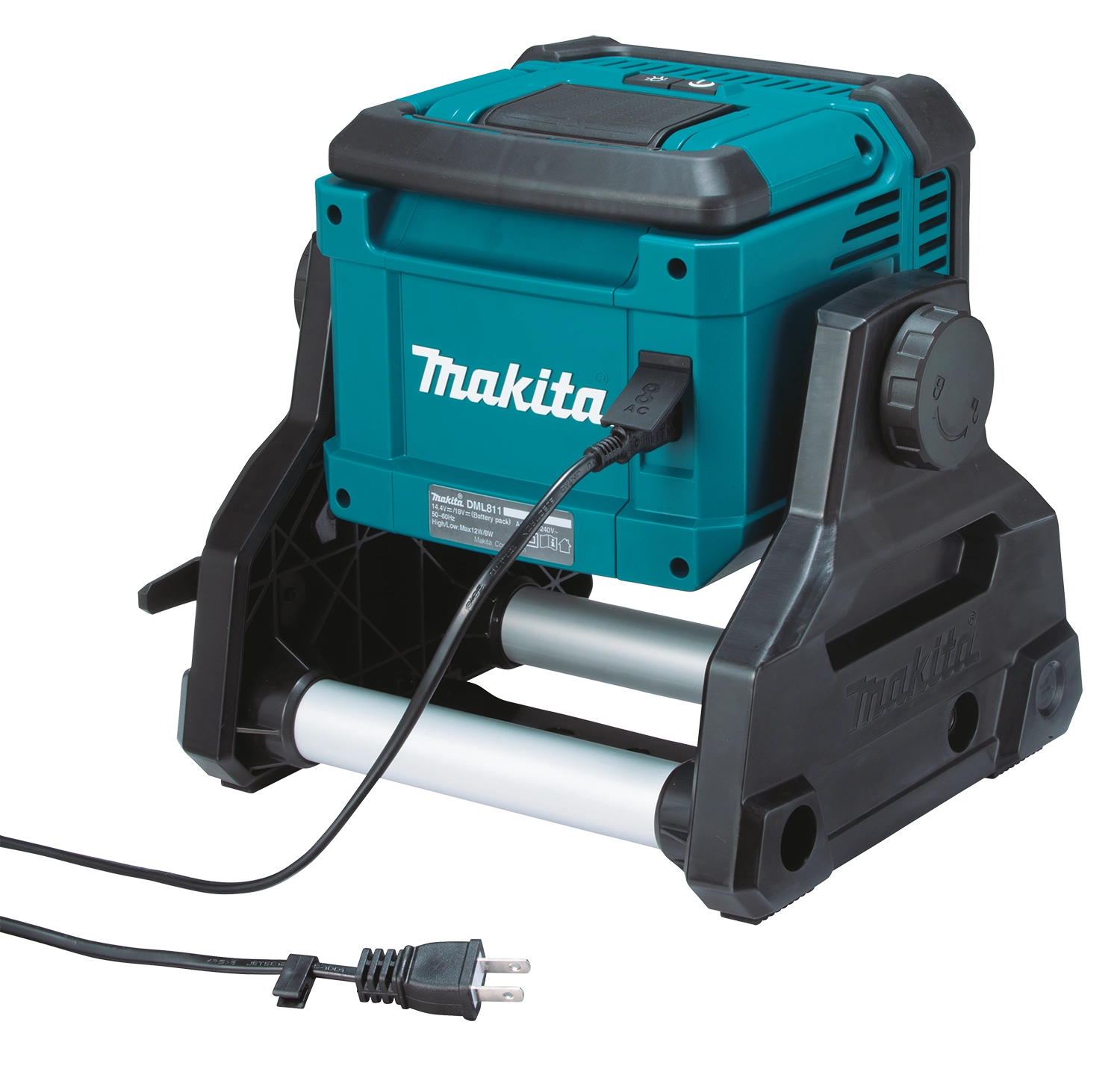 back view of makita dml811 led work light showing ac power cord input
