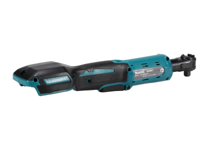 rear view of makita cordless ratchet displaying battery port and soft grip design
