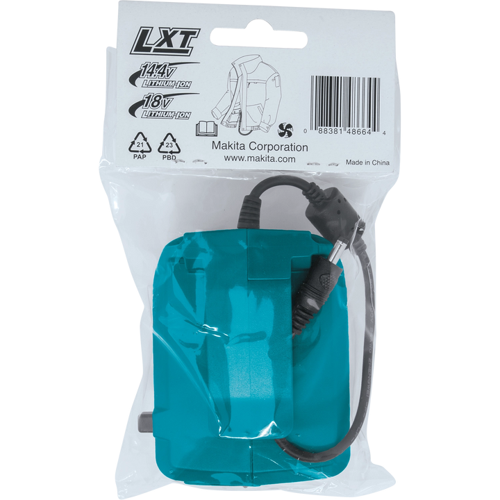 back of makita 18v lxt power source packaging listing specifications and features
