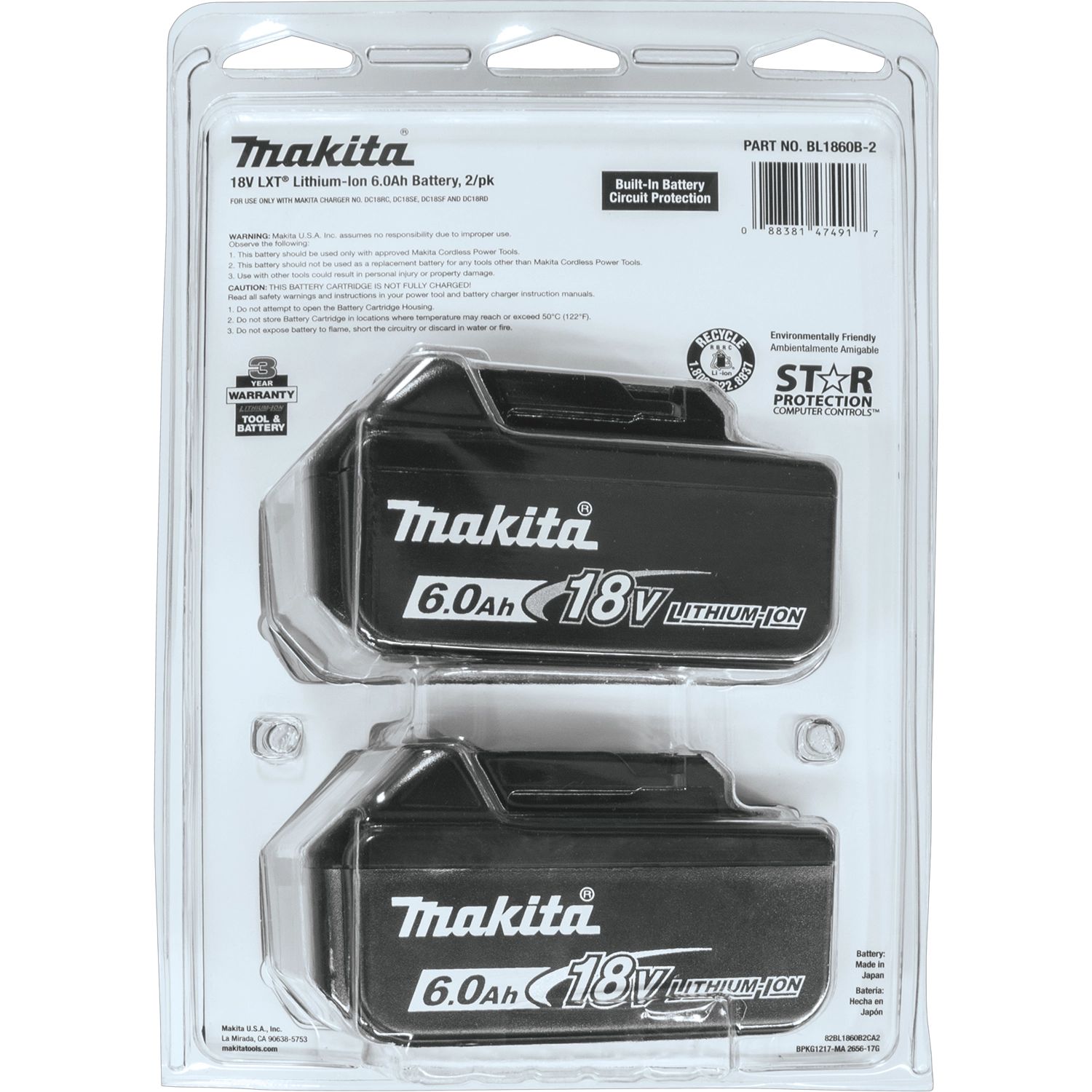 back of makita 6ah battery packaging displaying specs and compatibility
