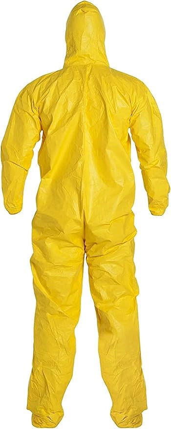 Back view of flame-retardant disposable suit for containment zone entry
