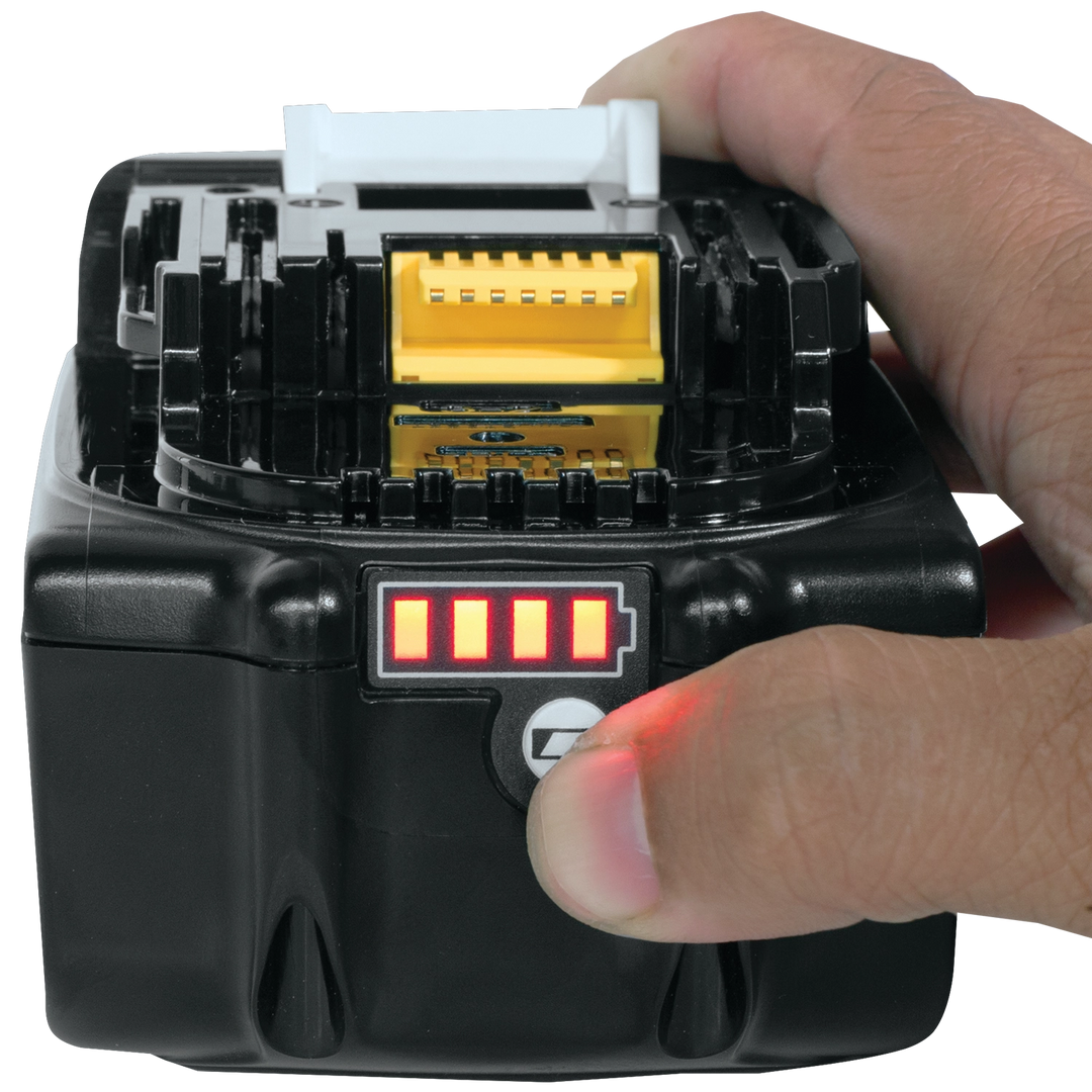 makita 18v lxt battery with built-in led indicator lights showing charge status
