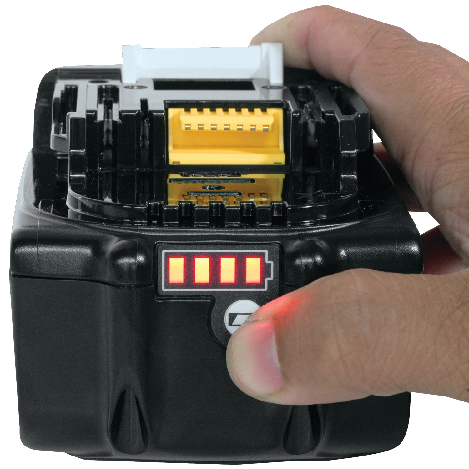 makita 18v lxt battery with built-in led indicator lights showing charge status
