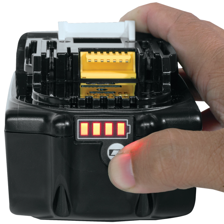 makita 18v lxt battery with built-in led indicator lights showing charge status
