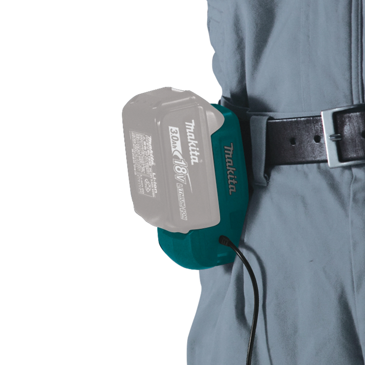 battery pack connected to makita 18v lxt led headlamp for extended run time
