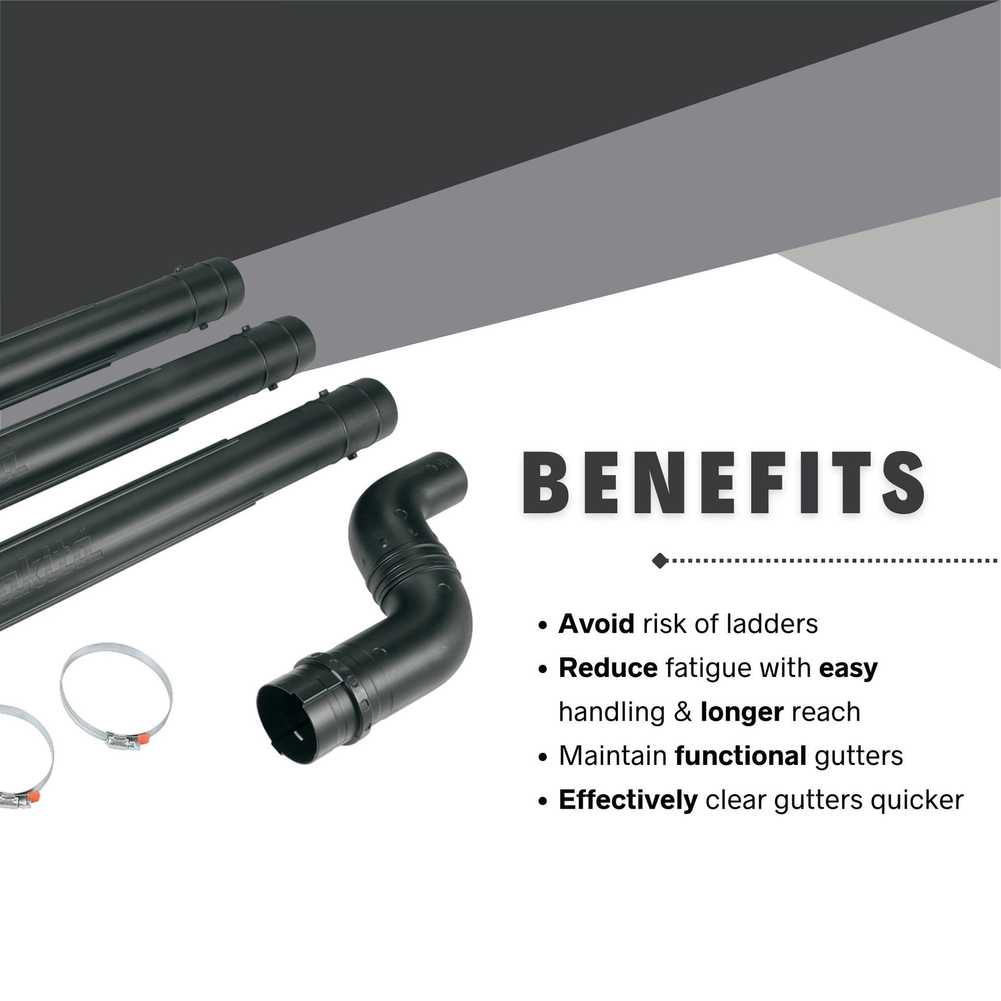 benefits of makita gutter cleaning attachment including extended reach and safer ground-level operation
