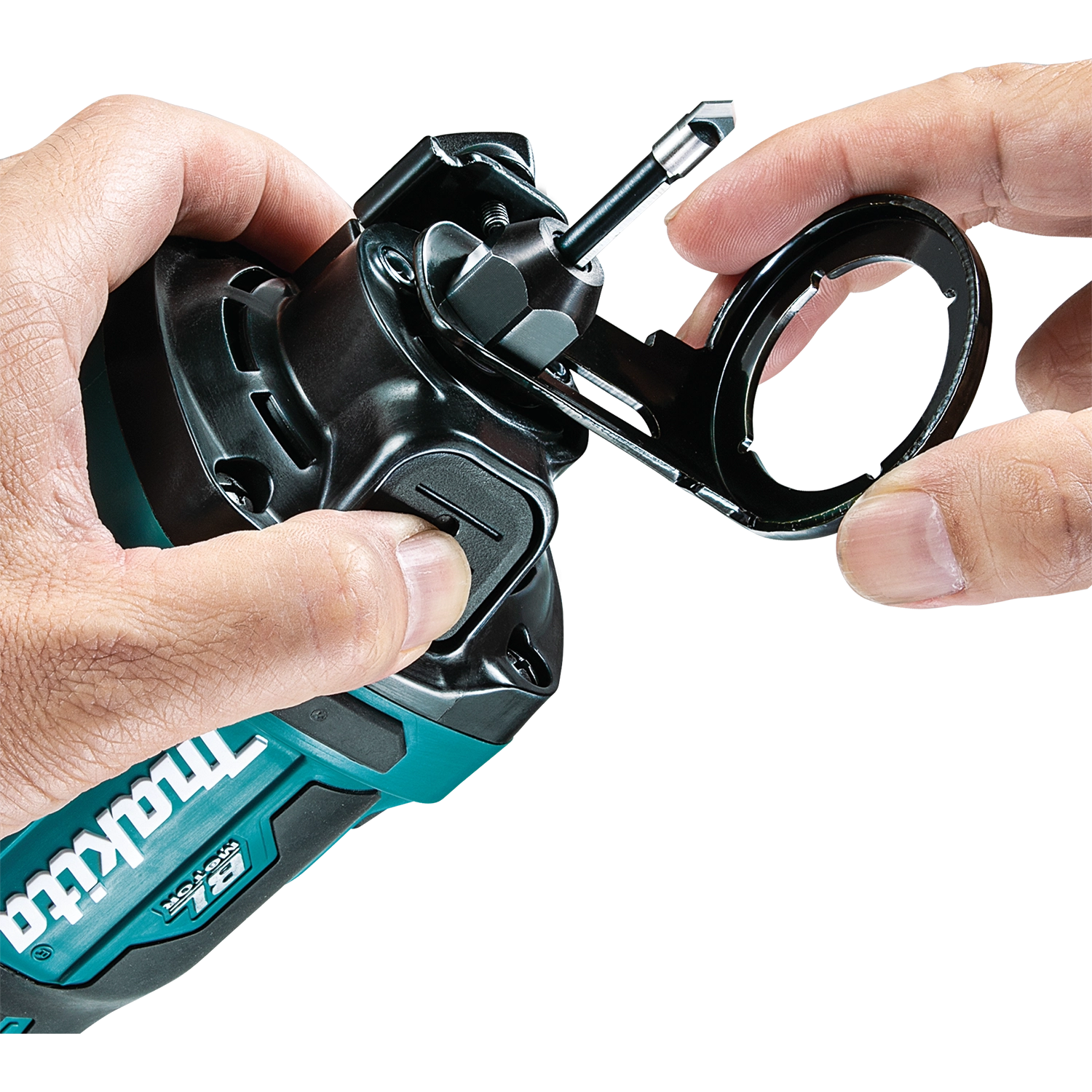 cutting blade detail on makita xoc02z cut-out tool with 1/8 inch drywall bit installed
