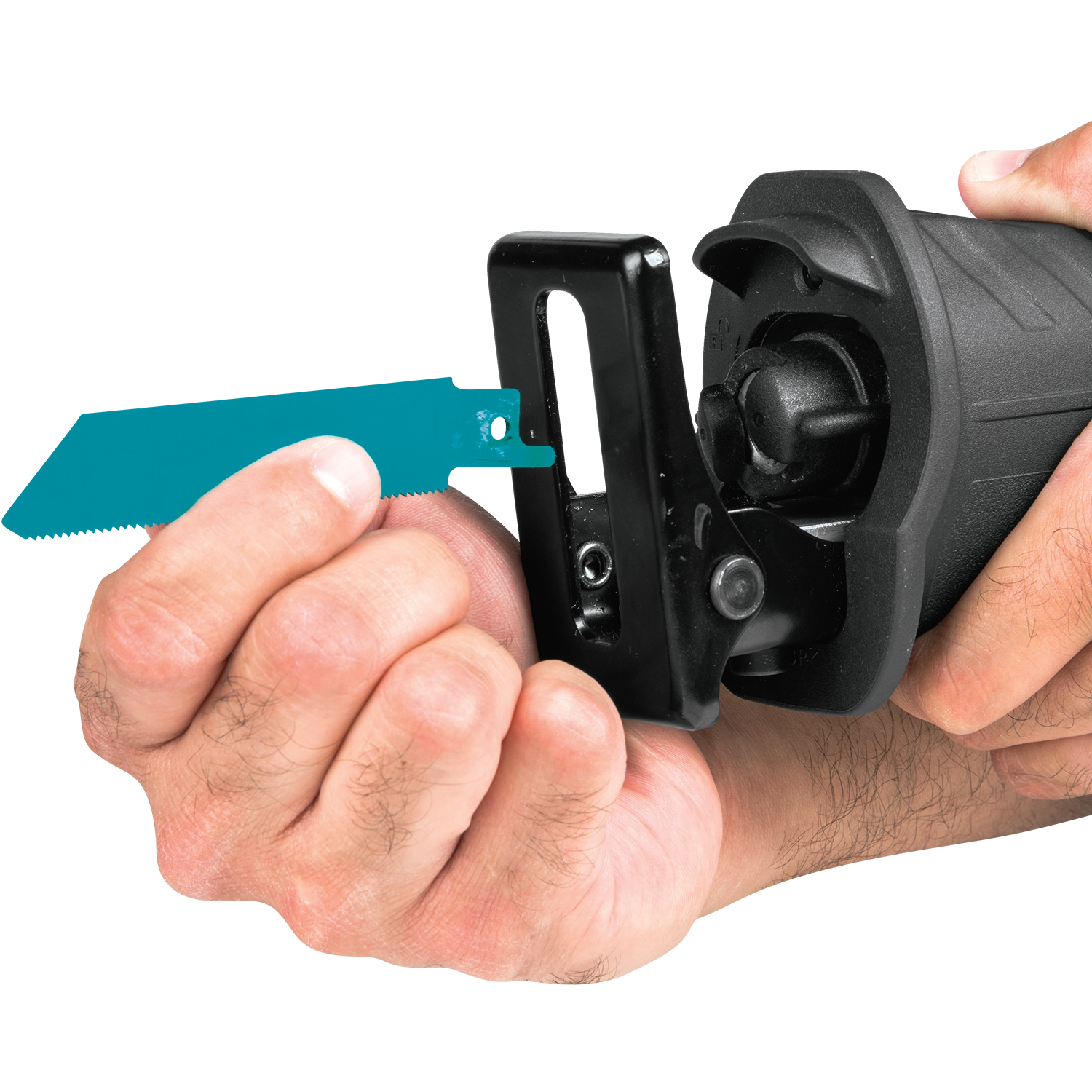close-up of blade on makita 18v compact recipro saw with lever-action blade clamp
