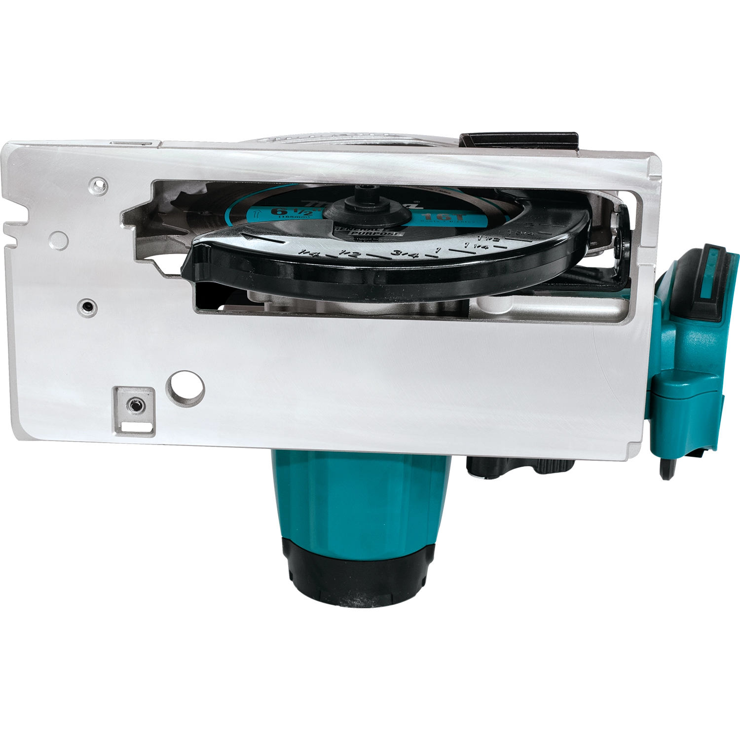bottom view of makita 18v lxt compact recipro saw showing vent slots and battery mount
