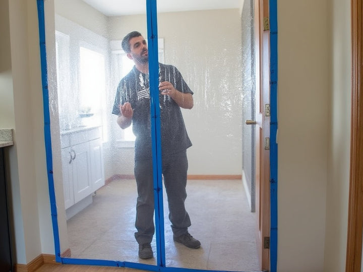 Bron Blue Painter’s Tape actively used on wall corner during masking process
